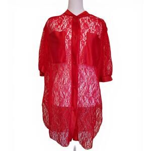 Vintage 70s Sheer Red Lace Button Up Front T Shirt Dress Tunic Top Size Large